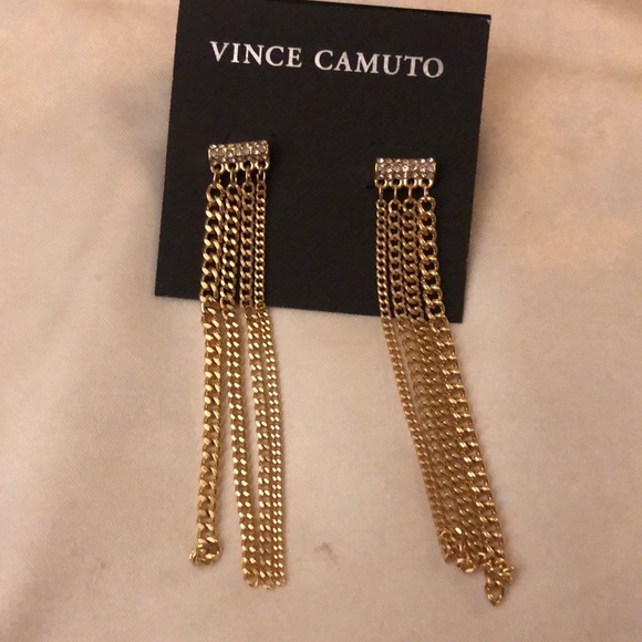 Vince Camuto Gold Tone Bar With CZ Accents & Chain Fringe Drop Earrings NWT - Picture 2 of 10